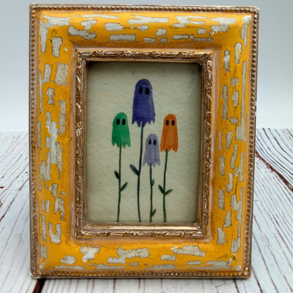 Colorful Ghost Flower Print Distressed Yellow Gold Thrifted Frame 4x5 Halloween
